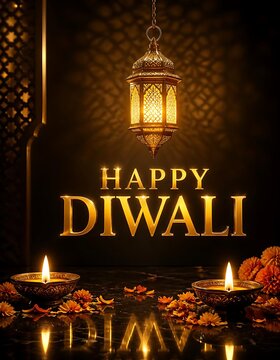 Hanging ornamental lantern with glowing diyas for happy diwali greeting festival celebration tradition religion decoration prosperity greetings background
