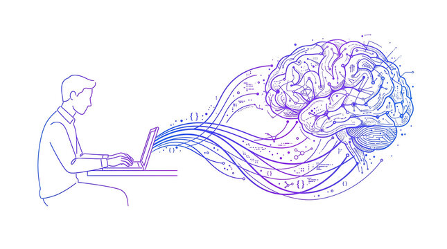 Line art of man working on laptop computer with abstract digital network data stream connecting to human brain representing cognitive computing and artificial mind.