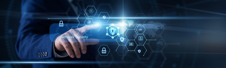 Security architect hand pointing at Network Security firewall on a global digital security interface screen. Cyber specialist using interactive tablet to block system breaches. © FutureLogic Studio