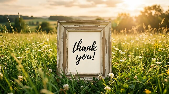 Vintage framed thank you note in a lush green meadow with sunlight