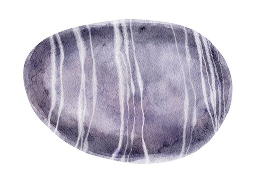 Smooth gray ocean stone with white stripes, hand-painted watercolor illustration inspired by Zen, meditation, spa, mindfulness and peaceful coastal aesthetics