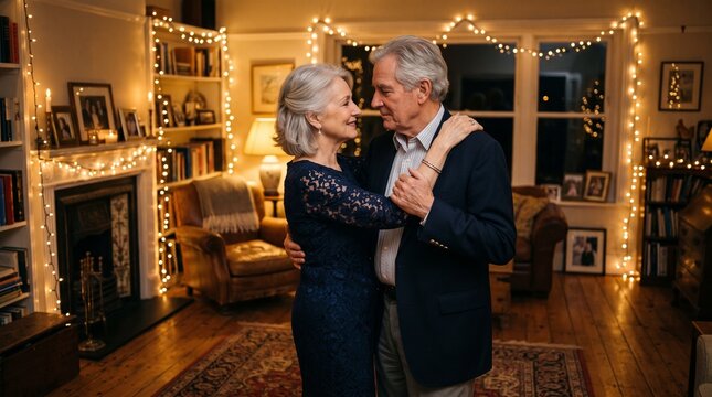 Elegant senior couple dancing romantically in a warmly lit living room decorated with fairy lights