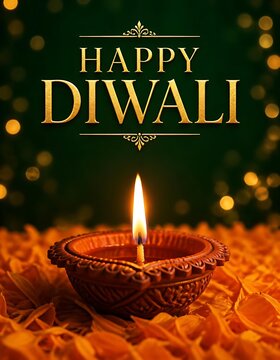 Single lit clay diya lamp sitting on marigold flower petals for happy diwali with marigold festival celebration tradition religion spiritual prosperity greetings