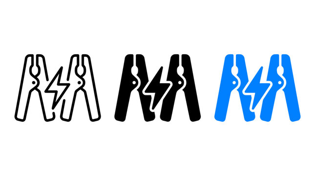 Jump start icon design set with jumper cables and electricity symbols