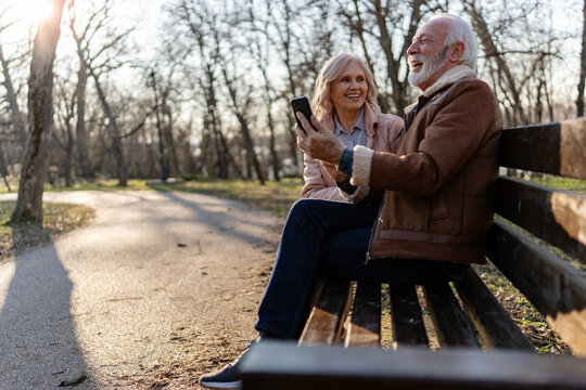 Happy senior couple laughing together while sitting on a park bench on a sunny day, enjoying a smartphone, companionship and a relaxing moment outdoors