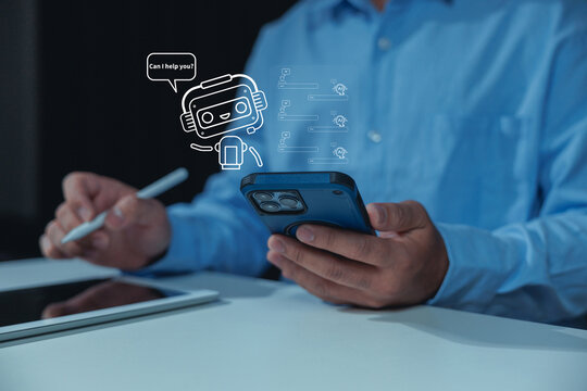 Business professional using an AI chatbot on smartphone and tablet, showing virtual assistant, customer support, automated conversation, digital communication, smart service, and productivity.