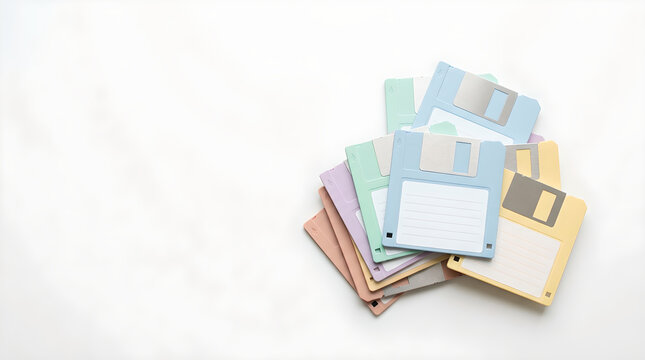 A pile of colorful pastel floppy disks on a white background, representing vintage data storage.