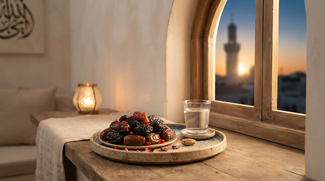 Authentic Ramadan Iftar scene featuring dates and water on a wooden table with a sunset view of a mosque minaret