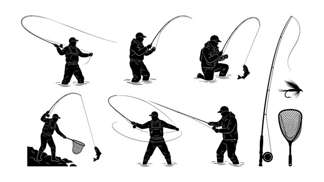 Outdoor recreation vector silhouette collection of fly fishermen casting lines in rivers, including isolated fishing rod and lure props.