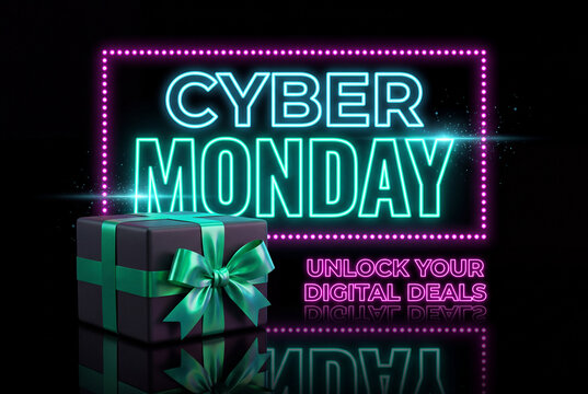 Cyber Monday Sale Banner with Glowing Cyan Neon Sign and Gift Box with Emerald Ribbon on Black Reflective Background