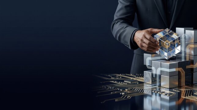 Businessman assembling a glowing crystalline cube into a structure, representing data security, blockchain technology, and digital transformation