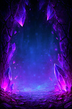Comic book magical crystal cavern with violet shards, cel shading and vivid fantasy poster glow