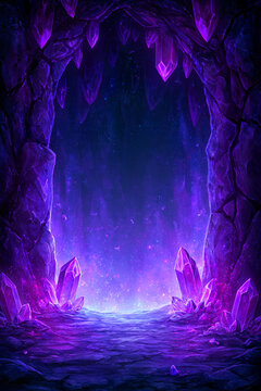 Comic book magical crystal cavern with violet shards, cel shading and vivid fantasy poster glow