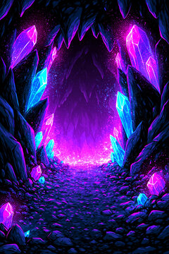 Comic book magical crystal cavern with violet shards, cel shading and vivid fantasy poster glow