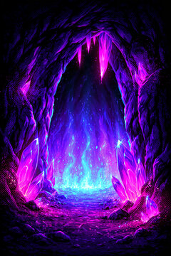 Comic book magical crystal cavern with violet shards, cel shading and vivid fantasy poster glow