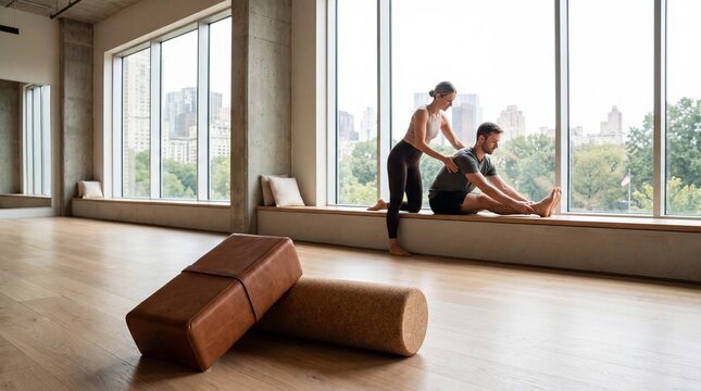 Female Trainer Assisting Man with Stretching in Bright Studio