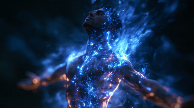 Man Awakening with Glowing Spiritual Energy and Light