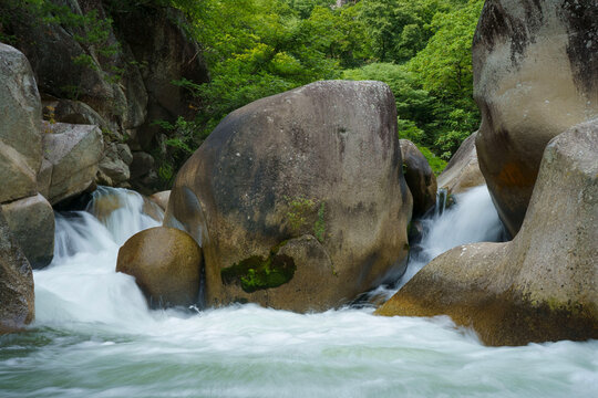 Rushing mountain stream flowing between massive granite boulders in a lush green ravine