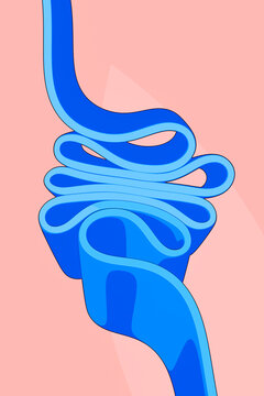 Stacked Blue Ribbon Illustration with Dense Loops and Flowing Tail on Pink Background