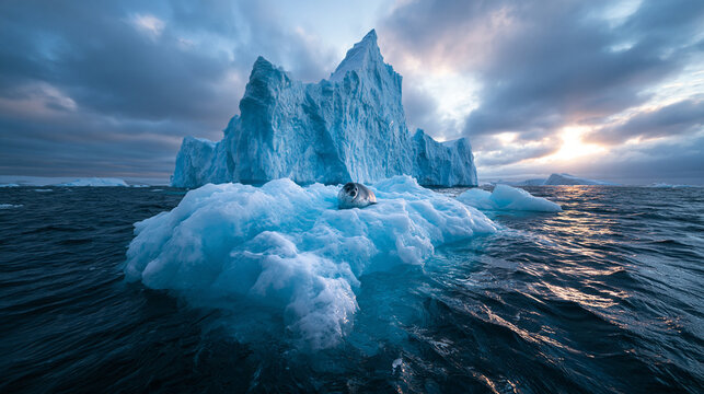 Seal Resting on Melting Iceberg in Arctic Ocean