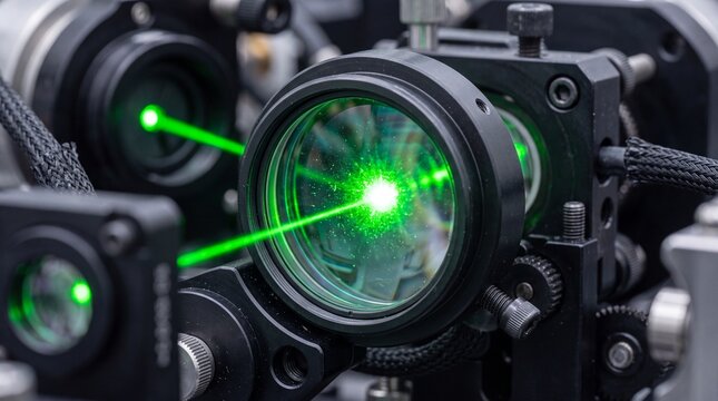 Green Laser Beam Passing Through Optical Lens in Laboratory
