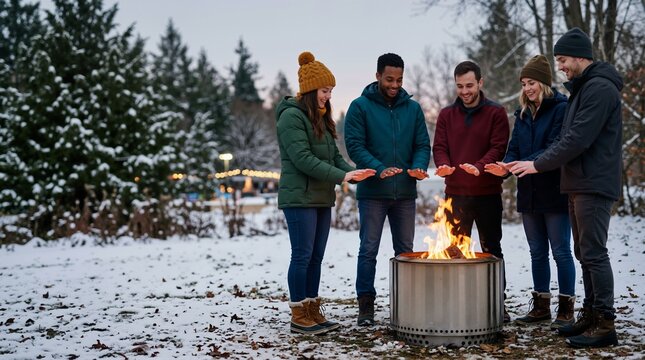 Friends warming hands over outdoor fire pit in winter. Diverse group standing around bonfire in snowy yard. Winter solstice celebration and outdoor gathering