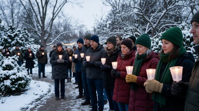 Group of people holding glowing candles outdoors in winter. Crowd participating in candlelight ceremony in snowy park. Winter solstice vigil and spiritual remembrance