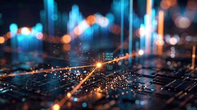 Futuristic Digital Circuit Board with Glowing Data and Sparks
