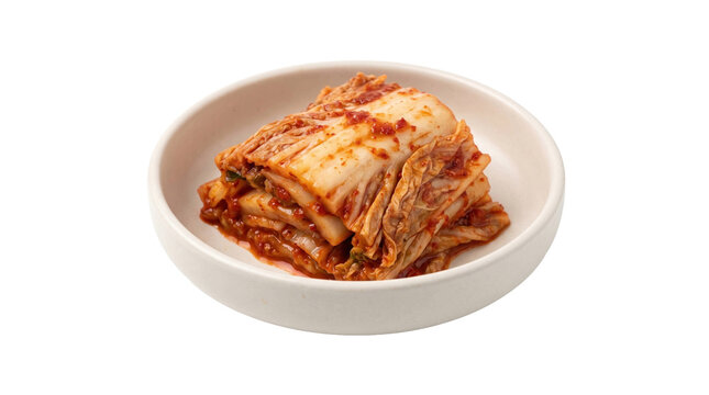 Traditional spicy kimchi in white bowl on a transparent background
