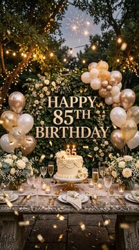 Happy 85th Birthday Background, luxury outdoor evening celebration with gold 3D lettering, birthday cake, champagne balloons, flowers and fireworks