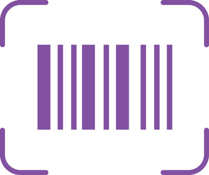 Purple and white barcode symbol framed by rounded corners