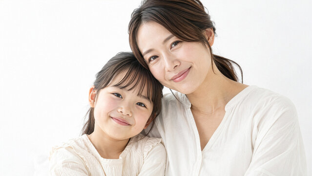 寄り添って優しく微笑む日本人の母親と娘、親子の愛情と絆を表現したポートレート