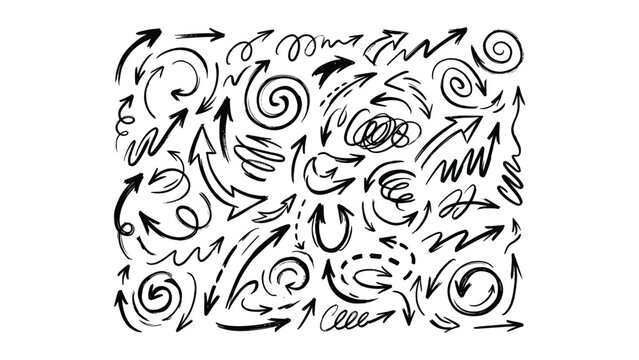 Hand drawn black marker arrows and scribble set, 14 ink brush stroke elements, decorative pointer icons for business presentations and creative design