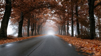 Fototapeta premium The Autumn Road Through Misty Forest: A Serene Tree-Lined Drive into Fog