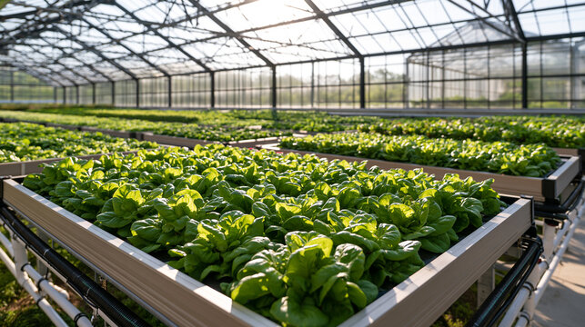 Rows of Vegetables Grow in Framed Beds Under Glass