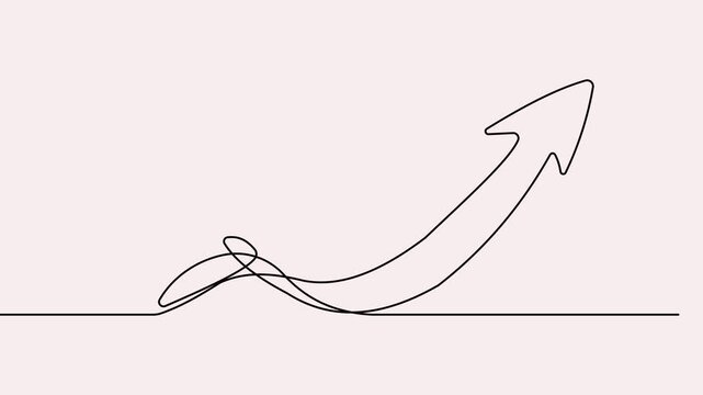 Abstract single line of an upward trending arrow on a soft pink background