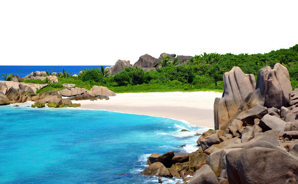 Beach in La Digue Island isolated on transparent PNG background, Seychelles.	