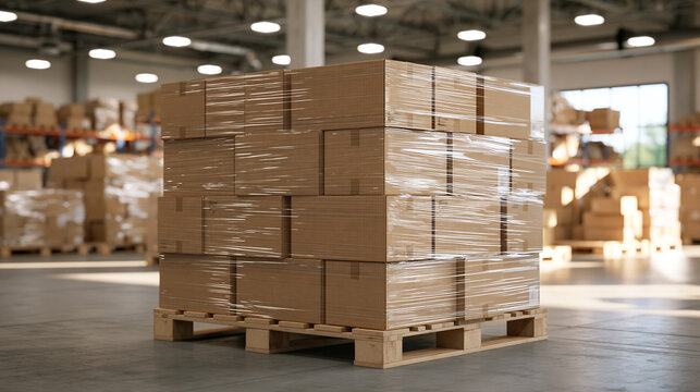Low View of Shrink Wrapped Packages in a Bright Warehouse