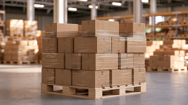 Stacked Cardboard Boxes Wrapped in Plastic on Warehouse Pallet