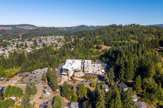 Aerial view of Coquille Valley Hospital and surrounding community in Coquille, Oregon, highlighting rural healthcare in a small-town setting.