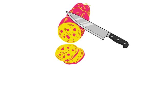 Colorful vector illustration of salami sausage with a sharp kitchen knife on white background.