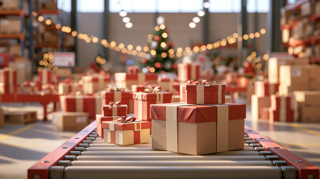 A Conveyor Carries Presents Under String Lights in Warehouse