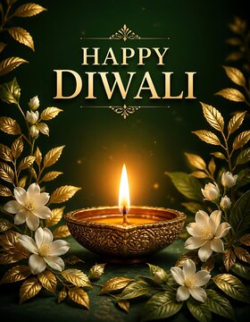 Happy Diwali greeting card with glowing diya lamp and golden floral