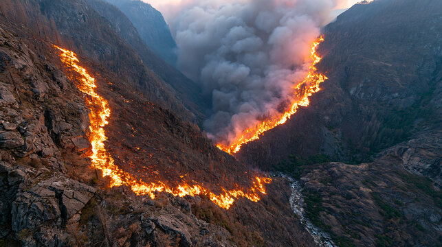 Twin Fire Lines Frame a Smoky Canyon at Dusk