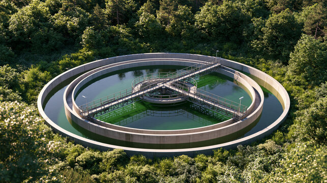Concentric Concrete Walls Enclose a Forest Water Treatment Tank