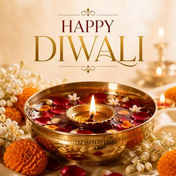 Happy Diwali greeting card with brass bowl of water floating flower