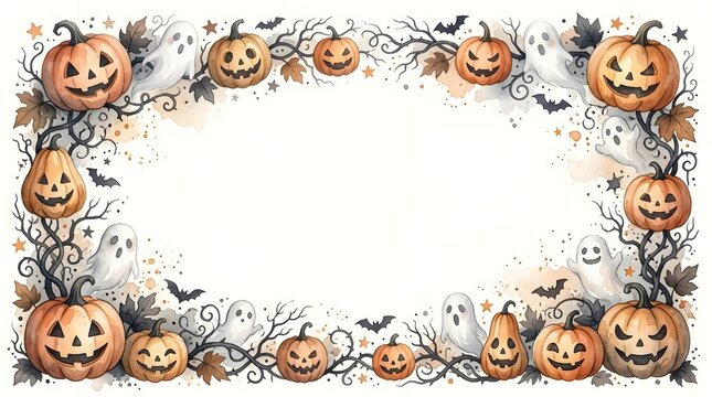 A delightful watercolor halloween pumpkin border perfect for seasonal designs invitations or spooky celebrations showcasing charming jack o' lanterns and a festive atmosphere