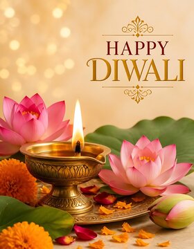 Traditional brass diya lamp with lotus flowers for Diwali festival