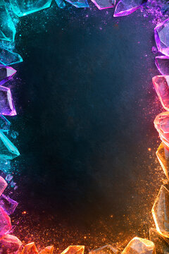 Abstract luxury gemstone border with translucent crystals and premium advertising copy space