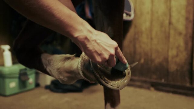Closeup of rider cleaning lifted horse hoof with hoof brush inside stable. Hoof care, equestrian training concept.
